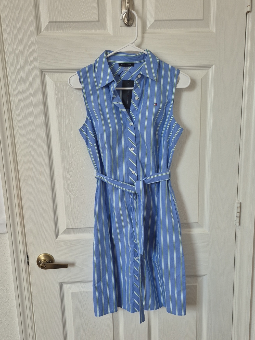 Tommy Hilfiger Blue, White & Yellow Striped Sleeveless Shirt Dress